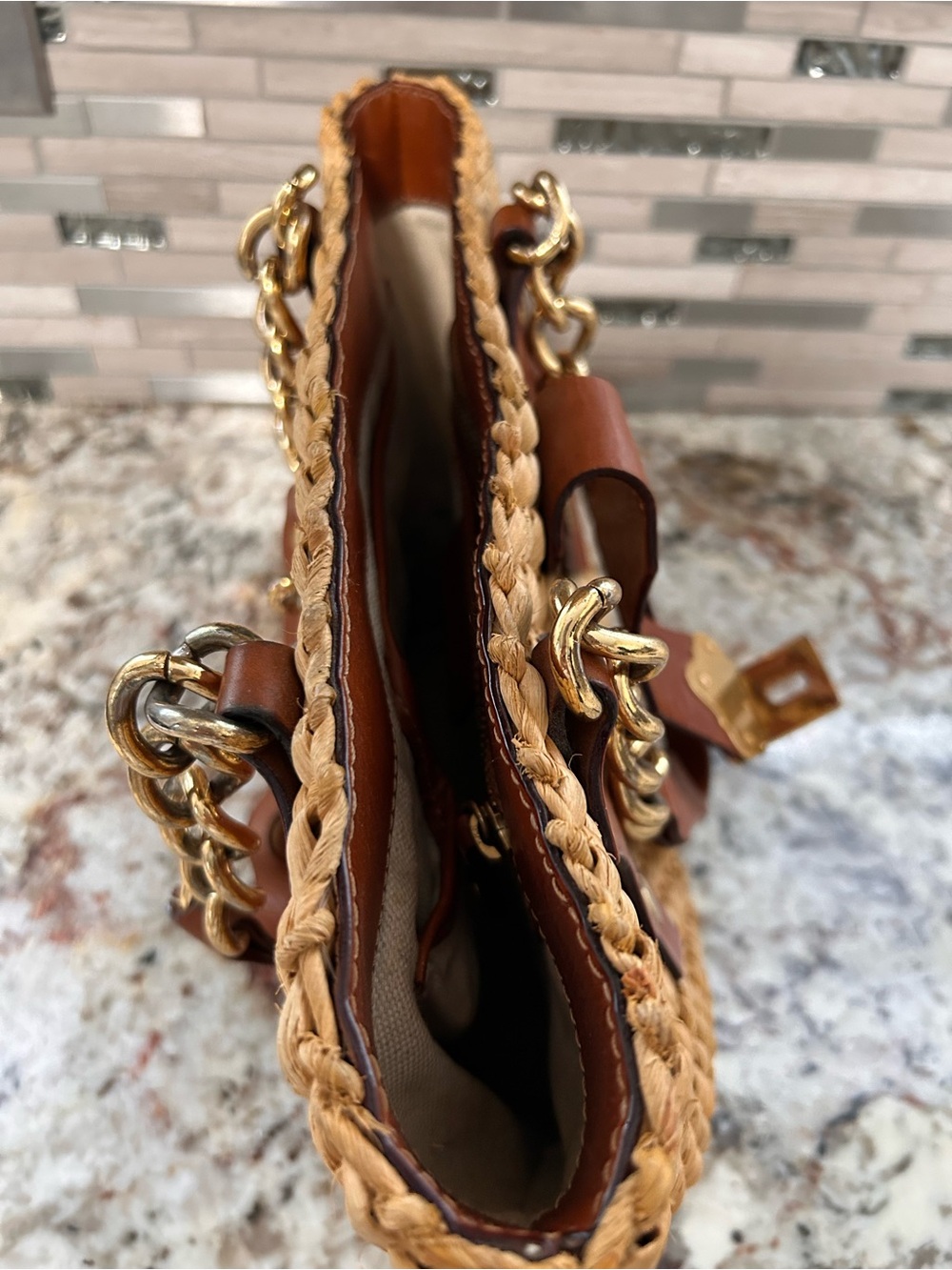 Michael Kors Woven Straw Tote with Brown Leather Trim and Gold Hardware/ rare - Picture 7 of 8